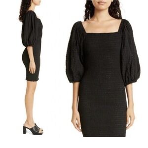 Stella Nova Ibi Black Dress Textured Ruched Puff Sleeve Mini Dress Small / 36